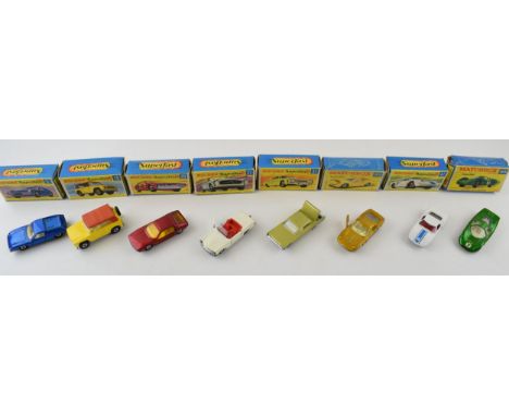 A collection of boxed vintage diecast Matchbox Lesney Superfast cars to include, 5 Lotus Europa, 18 Field Car, 20 Lamborghini