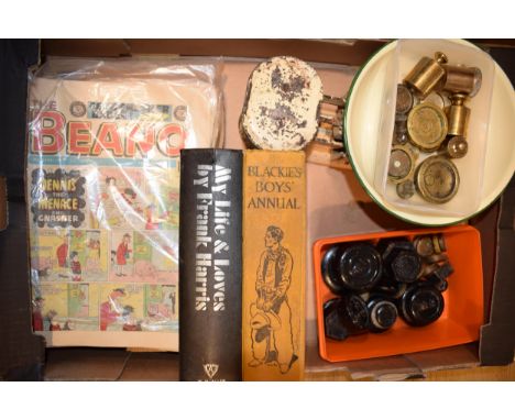 Vintage enamelled metal scales with various sets of weights, Frank Harris 'My Life and Loves', with 1970s/1980s Beano comics 