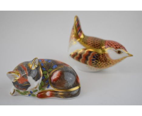 Royal Crown Derby paperweights to include a Catnip Kitten and a Collector's Guild Wren , first quality with gold stoppers (2)