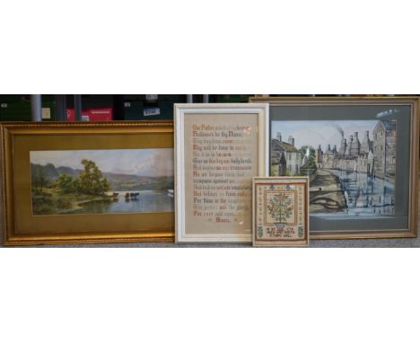 Artwork to include a gilt framed R Gallon highland cattle scene print, an original S E Boden of Longport, with 2 religious ta