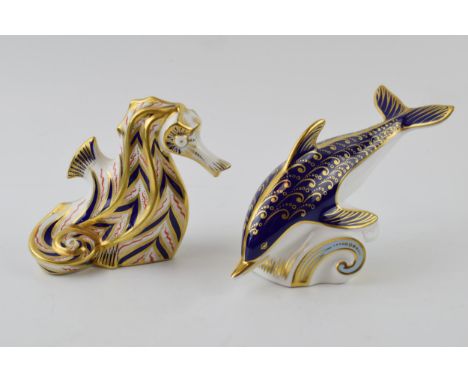 Royal Crown Derby Paperweight in the form of a Blue Dolphin, first quality with gold stopper with a seahorse (second) (2).  I