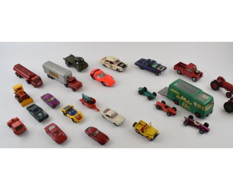 A collection of unboxed vintage die-cast model vehicles by manufacturers Dinky, Corgi and Matchbox and similar manufactures. 