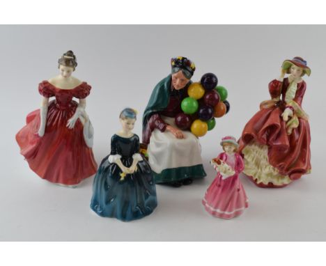 Royal Doulton figures to include Old Balloon Seller HN1315, Winsome, Top O'the Hill, Cherie (second_ and My First Figurine (5