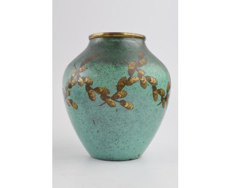 WMF Ikora enamelled vase with gilt floral decoration, 13cm tall.  In good condition, light surface wear apparent and missing 