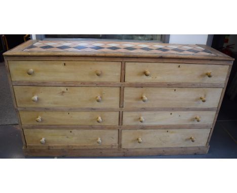 Pine double chest of drawers / sideboard with turned pine handles and later tile top, 188x55x105cm tall.  In good functional 
