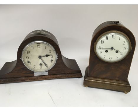 An Edwardian mahogany mantel clock arch shaped with a white dial and French movement. key but no pendulum (2) NO RESERVE