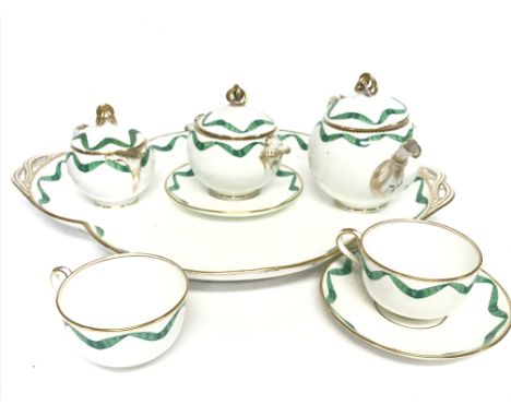 Unmarked green &amp; white breakfast set including a dish, tea cups and plates etc. Some damage Postage cat D