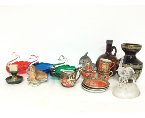 A group of ceramics including Japanese satsuma cups and saucers, ceramic figurines, Greek vase etc