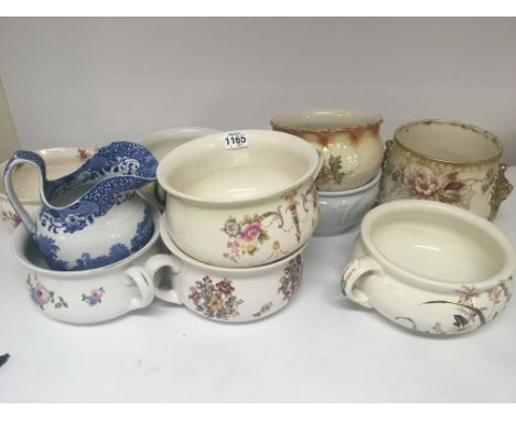 A collection of ceramic chamber pots and a Copeland Spode jug and a decorative jardiniere (a lot)