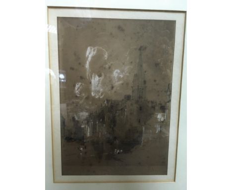 A framed pencil and watercolour sketch depicting street view at Caen - Normandy. Artist Peter De Wint 18cm x 25cm