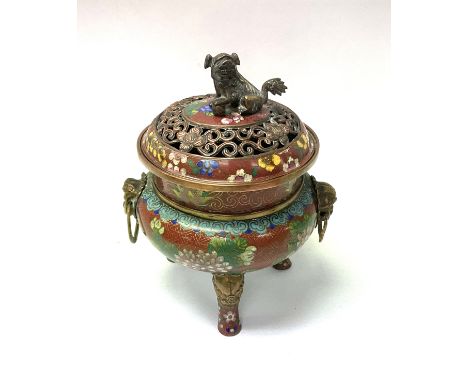 A CloisonnÃ© tripod leg incense burner, with pierced top grill.