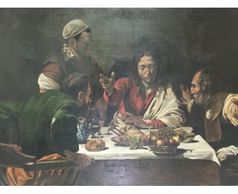 A good quality oil painting a copy of Caravaggio painting the Supper at Emmaus 1601. The original in the National Gallery. Si