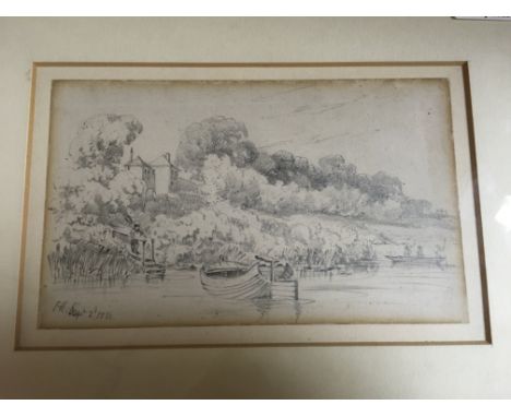 A framed pencil sketch depicting River Thames by Charles Joseph Hullmander. 20cm x 12cm