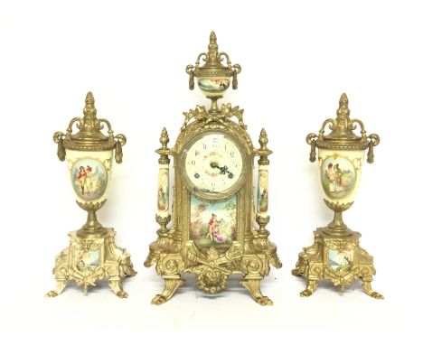 Ceramic &amp; gilt brass Franz Hermle Italian clock garniture, decorated with landscape and courting scenes. postage cat D