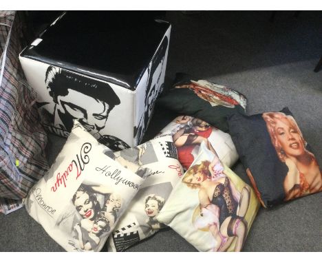 An Elvis Presley pouffe and scatter cushions of Elvis, Marily Monroe and 50s pin ups. NO RESERVE.