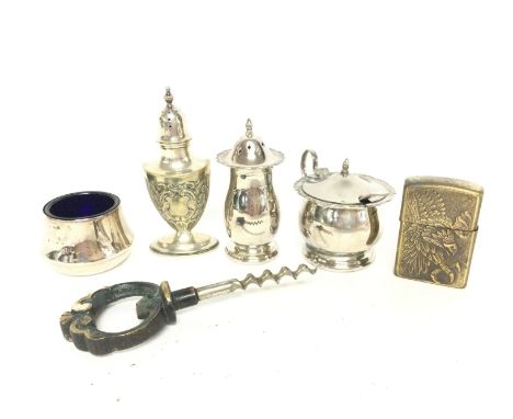 A collection of small silver plate &amp; other items consisting of a embossed pepper pot, lighter, corkscrew, pepper and must