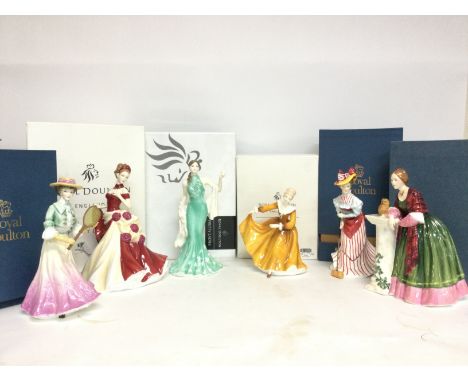 A collection of boxed Ceramic Royal Doulton lady figurines including Wimbledon, From the Heart, Diana, Kristy etc. No obvious