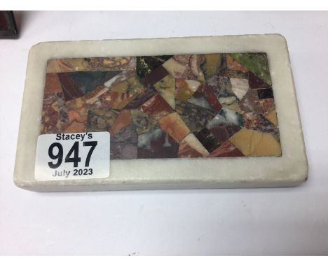 Four stained glass lantern panels together with a marble specimen.