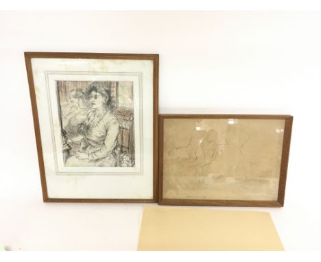 Framed sketches of a seated woman by Nigel Lambourne 1919-1988 ,frame size 35x45cm a sketch of a sleeping woman titled Meg fo