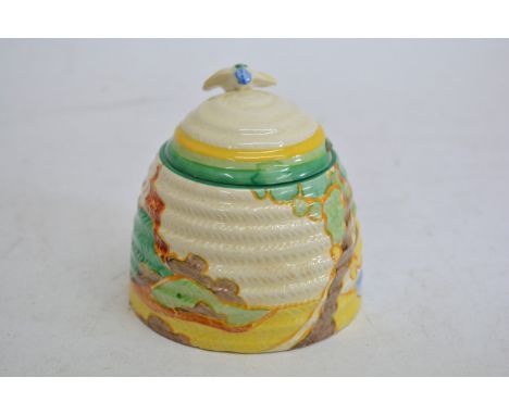 A Clarice Cliff  'Secrets' pattern preserve pot, black printed Fantasque, Bizarre marks. Approximately 10cm