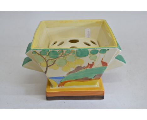 A Clarice Cliff  'Secrets' pattern flower planter, shape 515 with stepped handles and insert,  black printed Bizarre marks. A