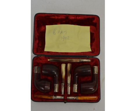 A silver, amber and horn pipe set presented in fitted case, Birmingham 1902 