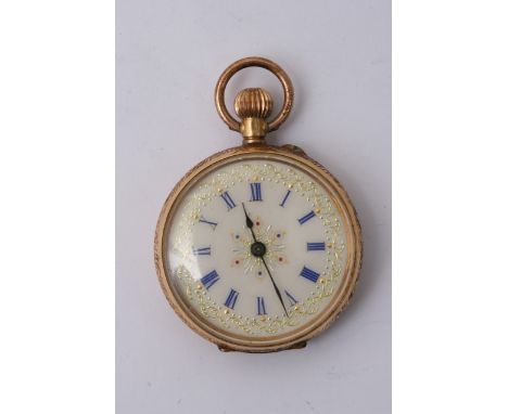 A 14ct gold button wind watch with royal blue roman numerals