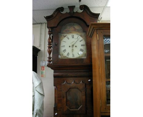 An eight day longcase clock with painted dial depicting buildings and having Roman numerals, approx height 246cm.