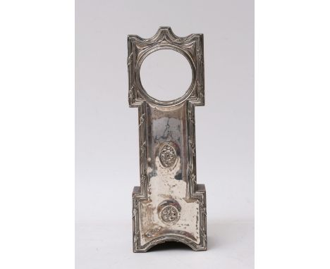 A wooden and silver fronted interesting watch case in the form of a miniature grandmother clock