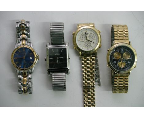 Four gents Rotary watches of various design and style, all slightly worn, predominantly gold toned.