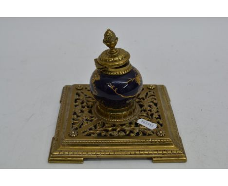 Victorian gilt brass and porcelain inkwell