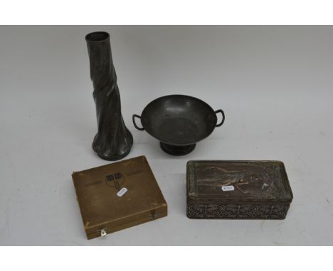 A small group of pewter items including an Art Nouveau vase and trinket box with decorated lid