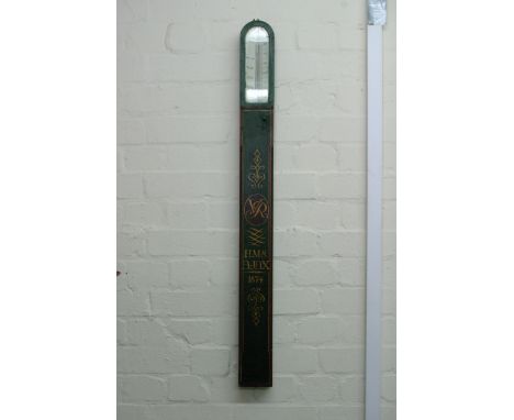 A Victorian arch topped mercury barometer with hand painted wooden case marked H.M.S. Ajax 1874. Approx height 94.5cm.