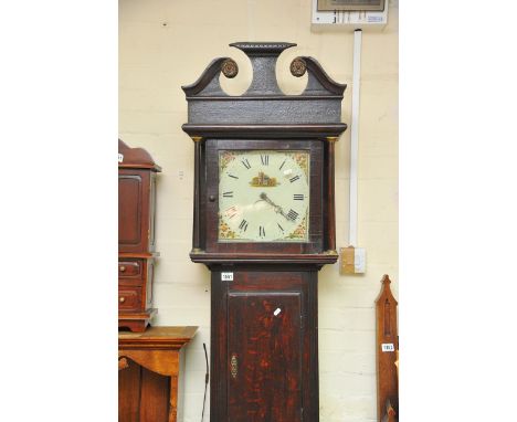 An oak 30 hour long case clock, the square painted dial with Roman numerals