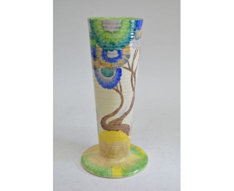 A Clarice Cliff  'Viscaria' pattern ribbed footed vase flower vase, black printed Bizarre marks, restoration to foot.. Approx
