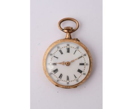 An unmarked Gold button wind fob watch the enamel dial with roman numerals 