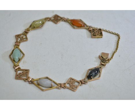 A 14k gold multi coloured jade bracelet, approx length 26cm.