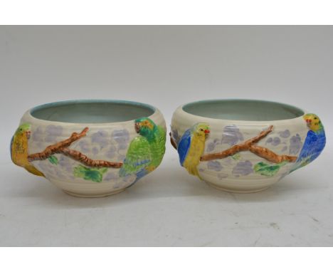 Two Clarice Cliff bowls decorated with Budgerigars