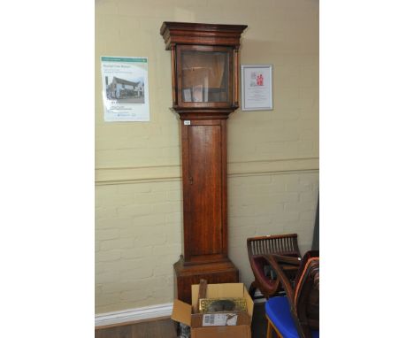 An oak long cased 8 day clock with brass dial weight and pendulum