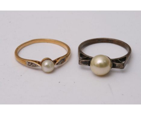 A Pearl and Diamond ring and a Silver and Pearl ring