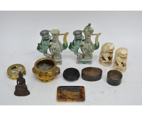 A collection of oriental items including a small folding screen, Foo dogs and and trinket boxes