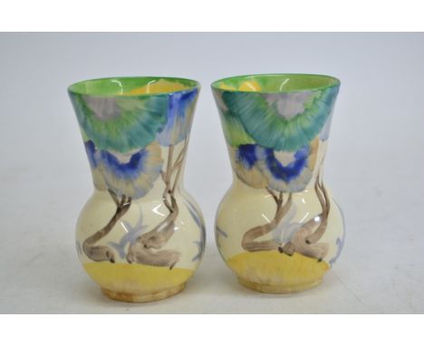 A small pair of  Clarice Cliff  'Viscaria' pattern vases, black printed Bizarre marks. Approxmately 9cm high