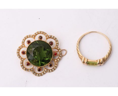 A 15ct gold garnet and pearl pendant and a 9ct gold peridot ring, size Q.