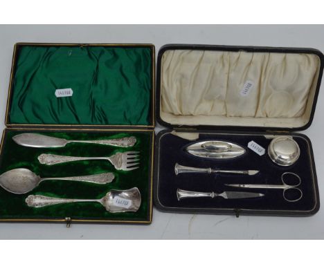 Hall marked silver five piece manicure set in fitted case and good quality silver plated four piece spoon and fork set in fit
