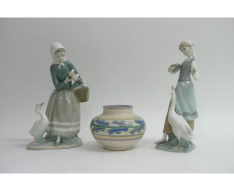 Two Lladro figures depicting ladies with geese alongside a Carter Stabler Adams Poole Pottery stoneware vase, design FK (3)