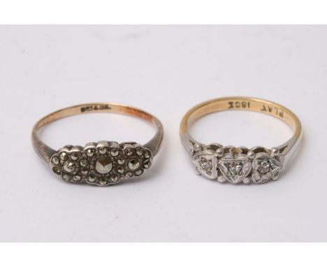 A 9ct gold ring with marquisette setting alongside an 18ct gold and platinum ring inset with diamonds, approx sizes O and L