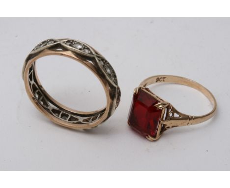 A vintage gold band ring, approx 3.2g, size between P and Q and a 9ct gold ring set with a red stone, approx 1.8g, size betwe