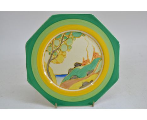 A Clarice Cliff  'Secrets' pattern octaganol shaped plate, black printed Fantasque, Bizarre marks. Approximately 19cm