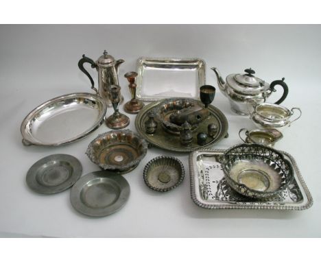 A small collection of silver plated items including Mappin and Webb dishes, coffee pot and hip flask