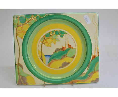A Clarice Cliff  'Secrets' pattern square plate, black printed 'The Biarritz', Bizarre marks. Approximately 19.5x23cm
